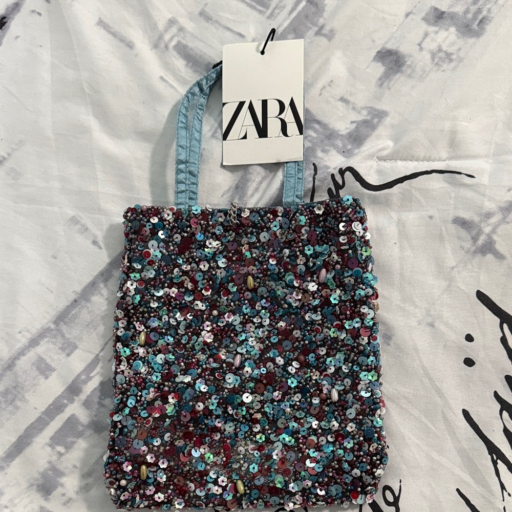 Zara Sequin Tote with Blue Handles